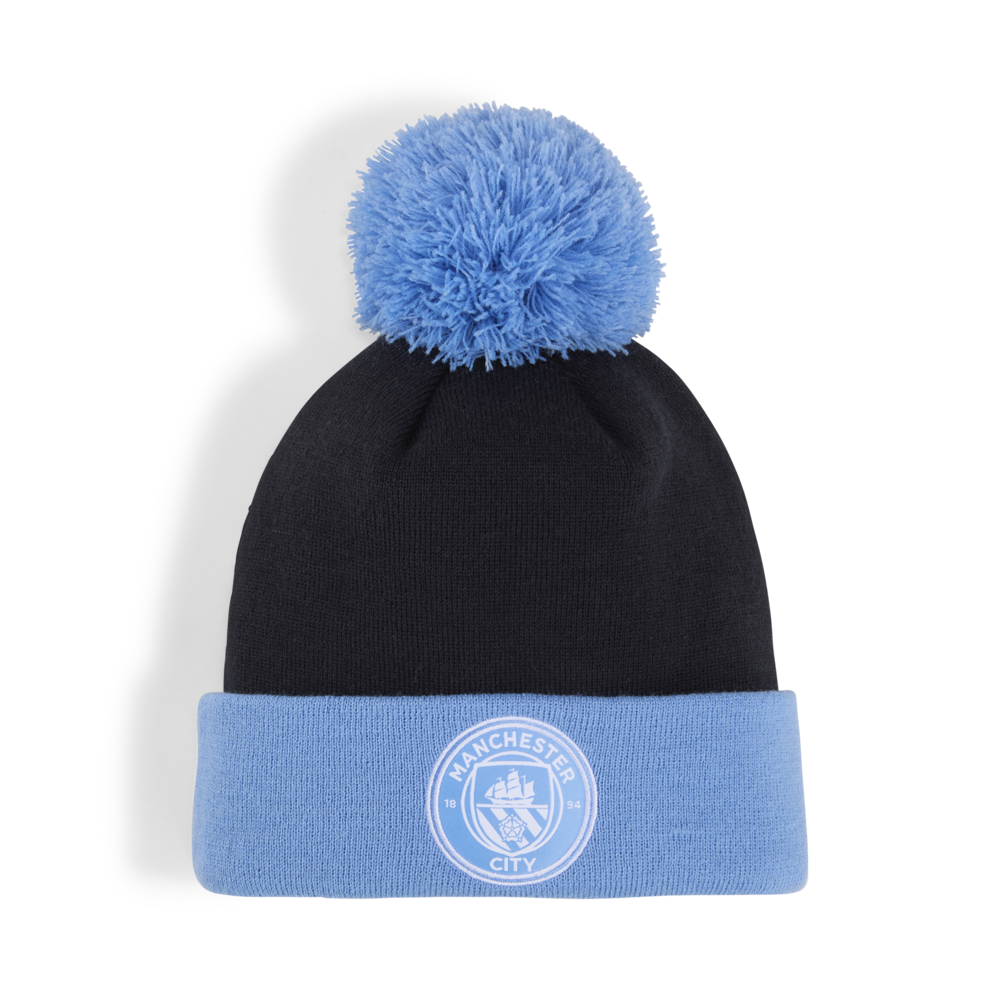 Gorro con pompón Ess del Manchester City de Puma en azul marino y azul claro del equipo