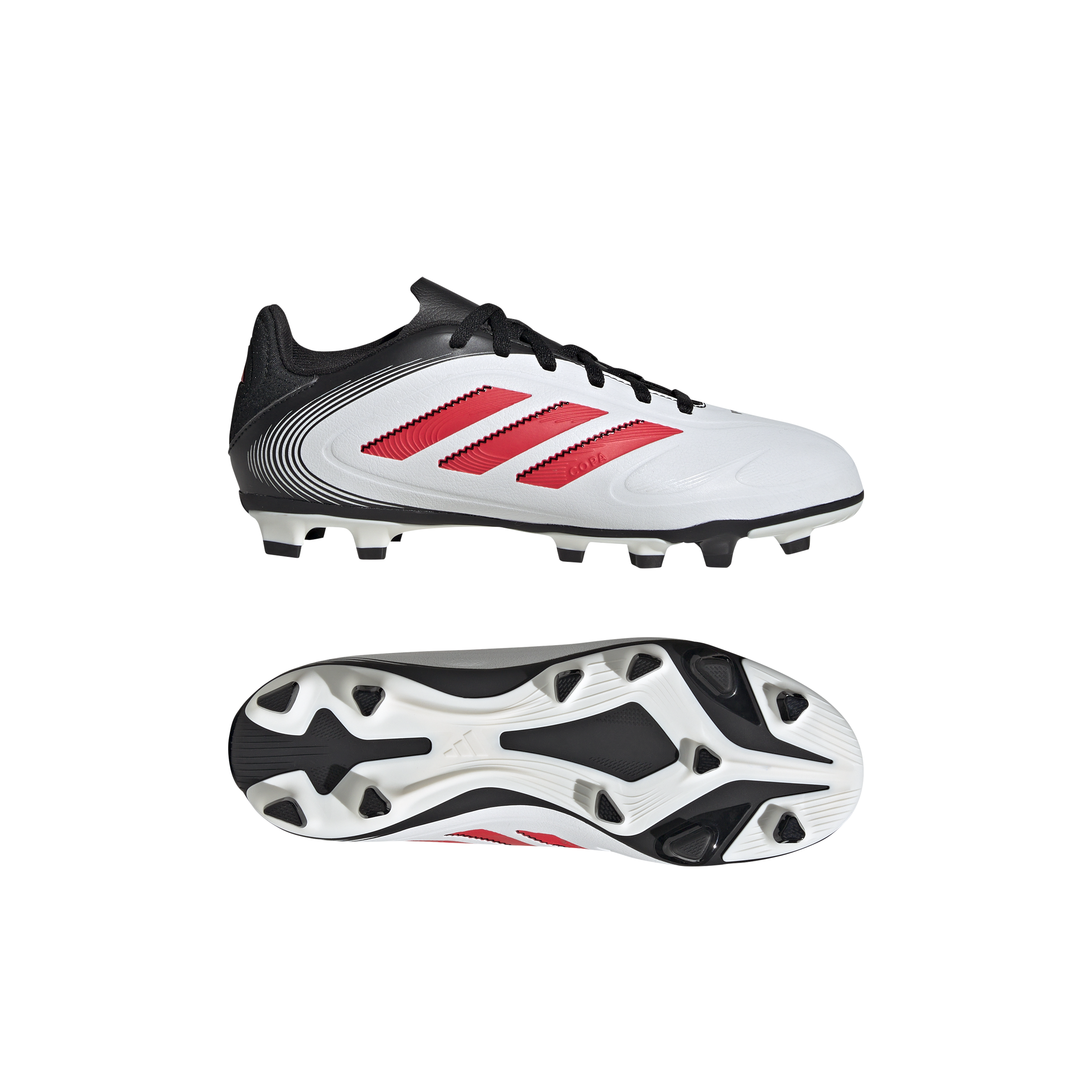 Botas de fútbol para terreno firme y múltiple adidas Copa Pure 3 Club para niños, color blanco, rojo y negro