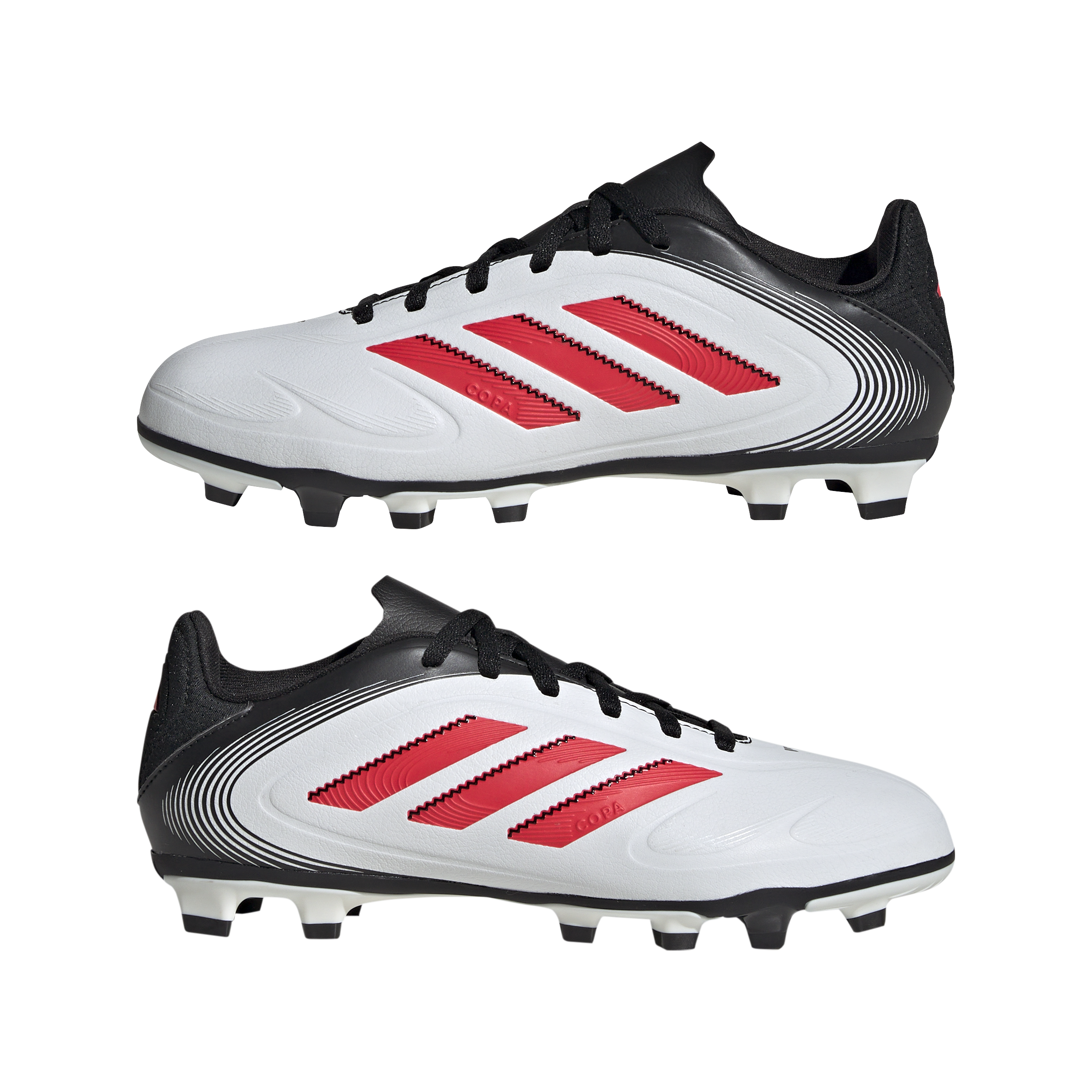 Botas de fútbol para terreno firme y múltiple adidas Copa Pure 3 Club para niños, color blanco, rojo y negro