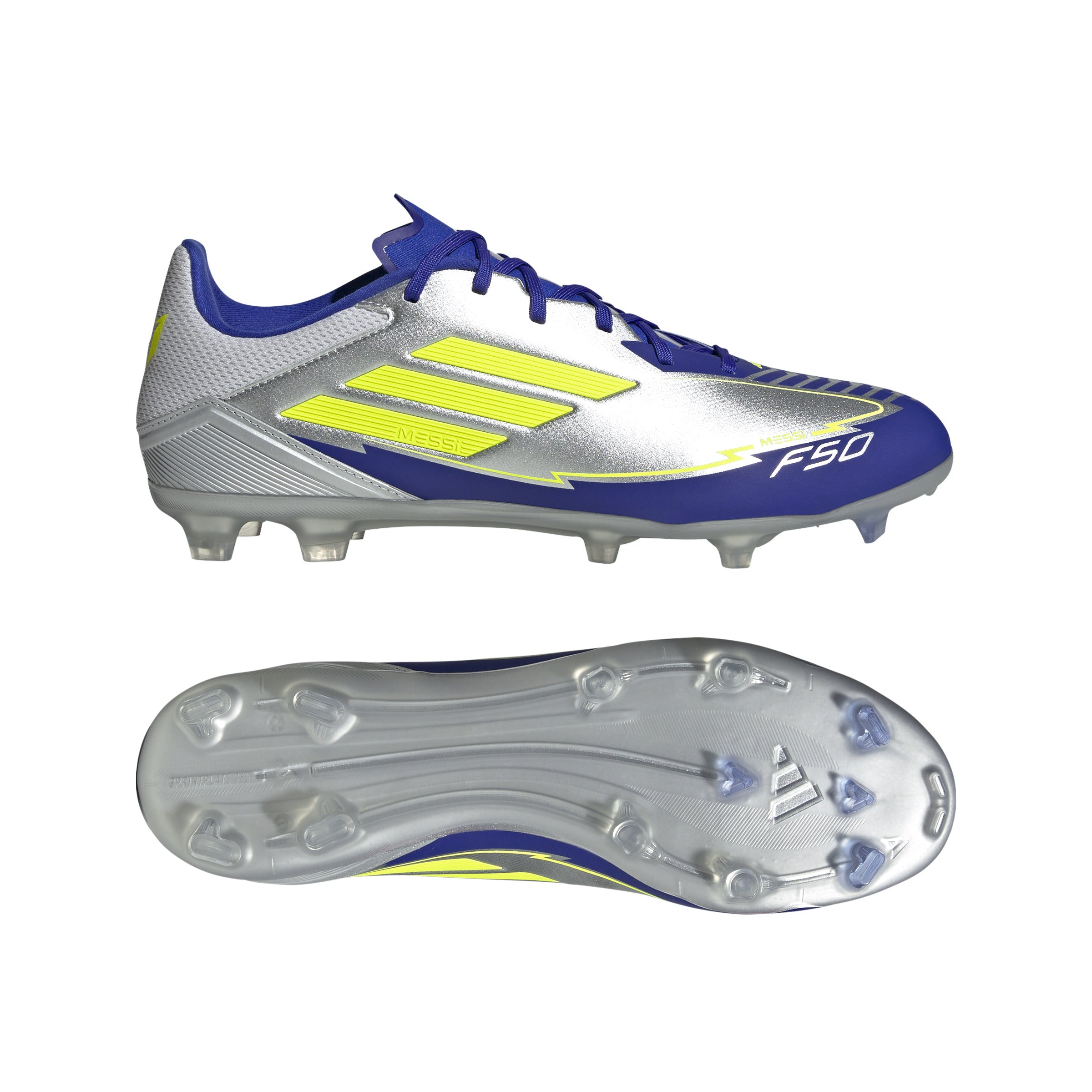 Botas de fútbol para superficies firmes y múltiples superficies adidas F50 League Messi en color plata y amarillo