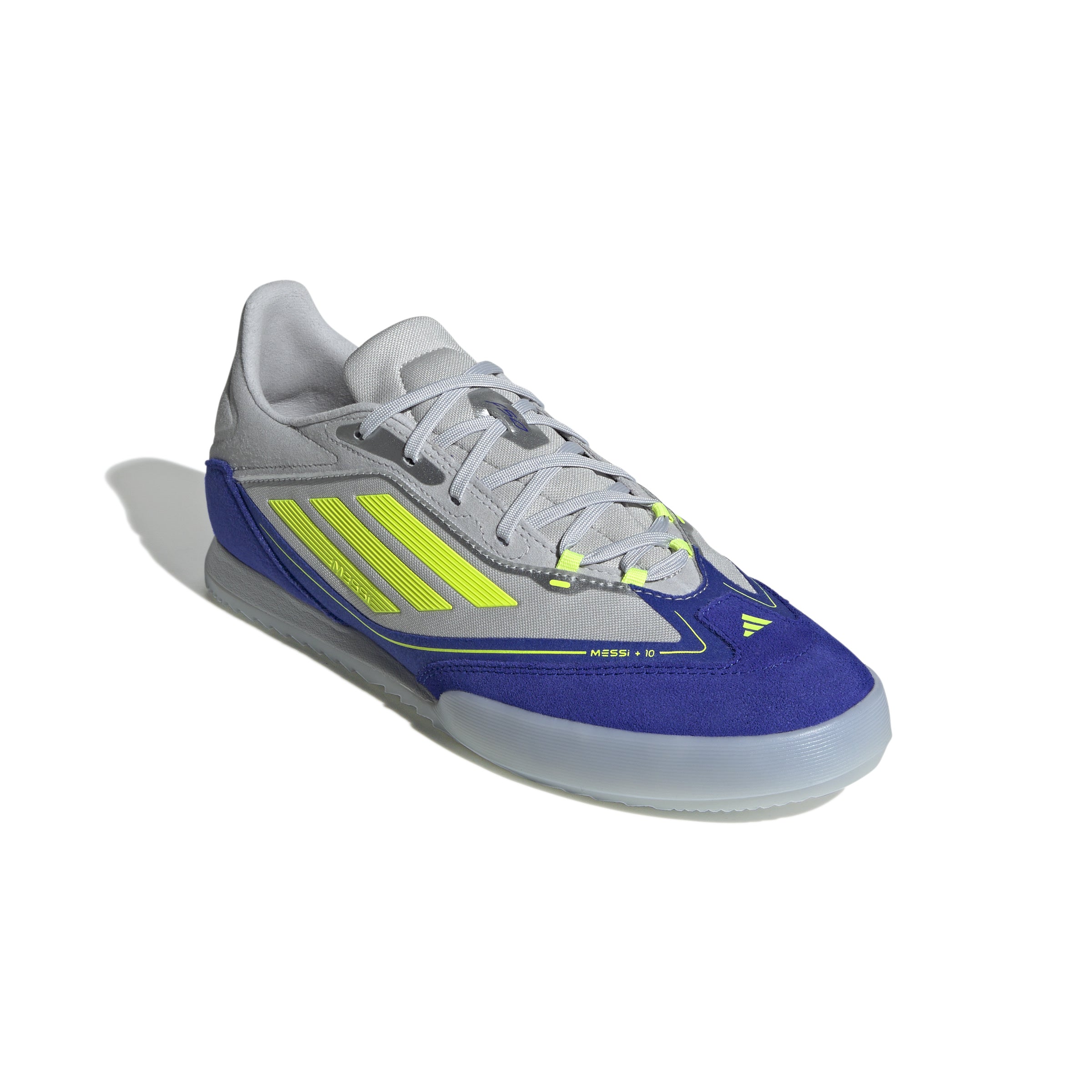 Botas de fútbol sala adidas F50 Messi Freestyle en color plata, amarillo y azul